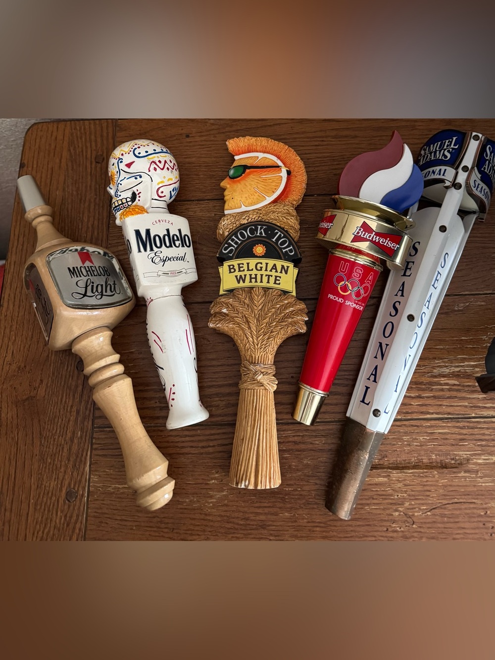 (5)Pc. VTG. Beer Tap Handles Budweiser Modelo Samuel Adam’s Michelob Light Etc.